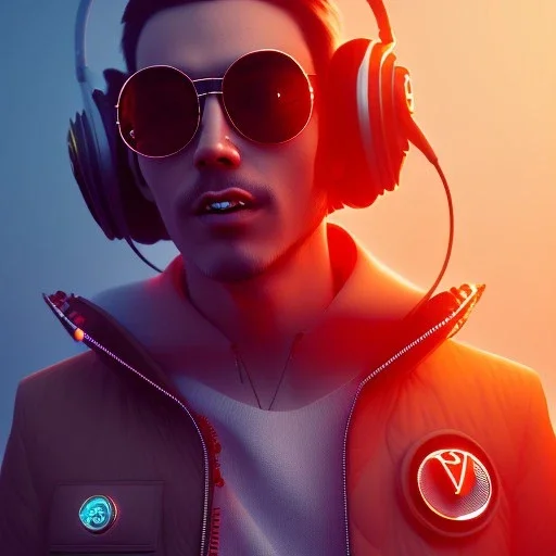 Bird toddler, smile, cyberpunk headphone, sunglass, gangsta neckless, full body, orange puffer jacket, tokio background, dramatic lighting, hyper realistic, unreal engine 5, 16k