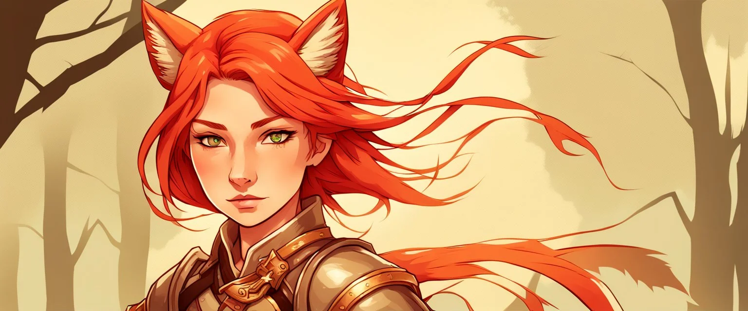 Teenaged Female Red haired kitsune paladin/bard