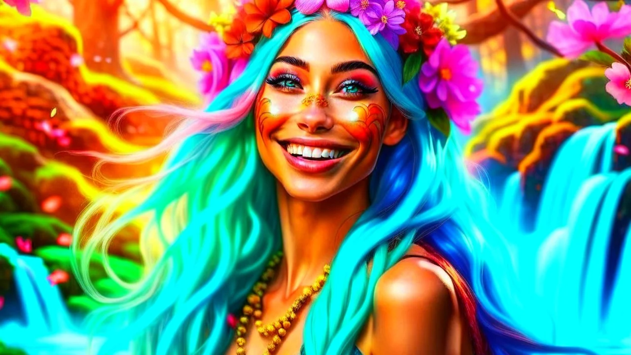 Photo realistic portrait of a gorgeous smiling skinny polynesian goddess with a golden dark shining skin, long smooth clear turquoise blue and pink white hair, blue eyes, in a sci-fi outfit with luminous strikes blowing a kiss in a hill of flowers with sakura trees, a waterfall, a crystal palace, loads of mini flowers, moss, sun rays through the branches, particles in the air at spring. Intricated details,