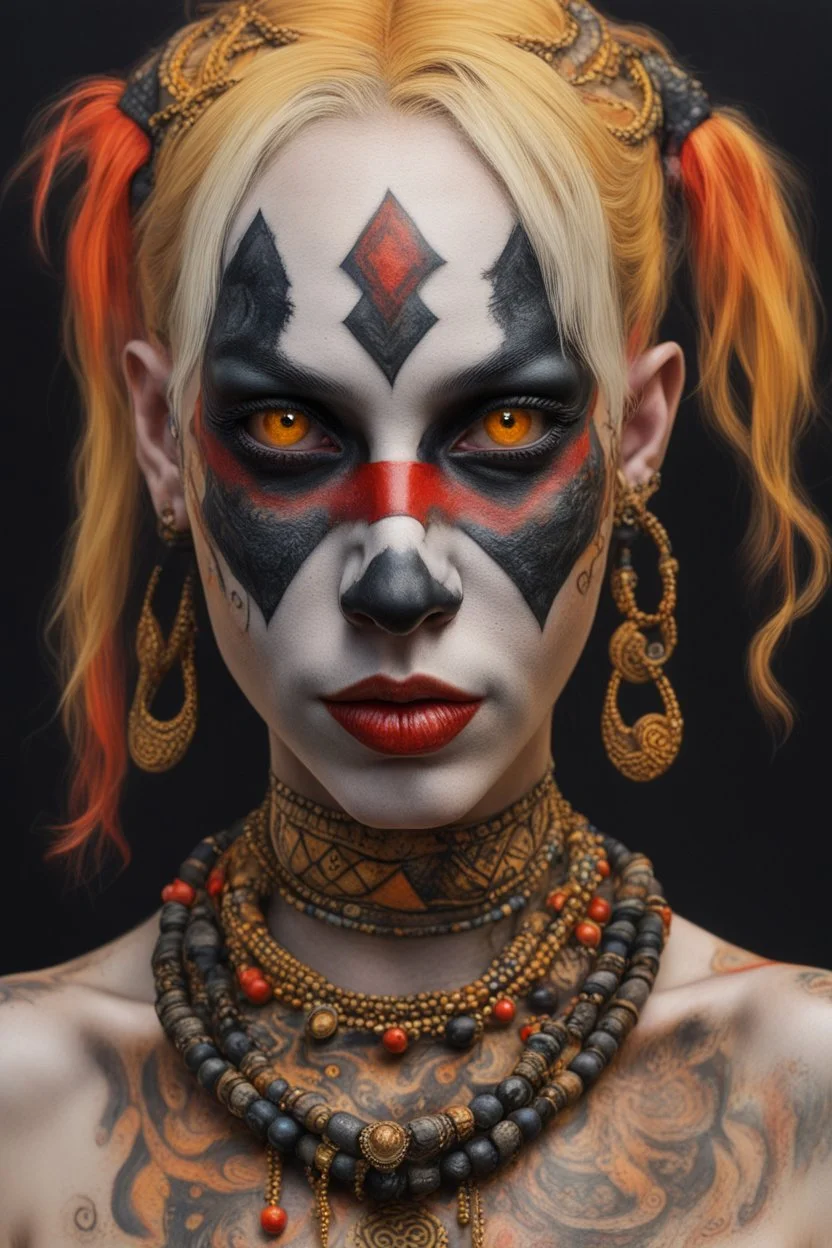 realistic portrait of harley quinn Hyperrealism, Ethereal portrait of a mystical being with tribal features, vibrant orange eyes, reptilian pupils, intricate scale-like patterns around the eyes, pale skin adorned with freckles, tribal tattoo on the nose bridge. Adorned in a weathered yellow tribal mask with dark markings, a central rivet, necklaces of gold, black, and red beads, a rustic red and dark green scarf with intricate designs, and small earrings. Serene expression, intense gaze, desatur