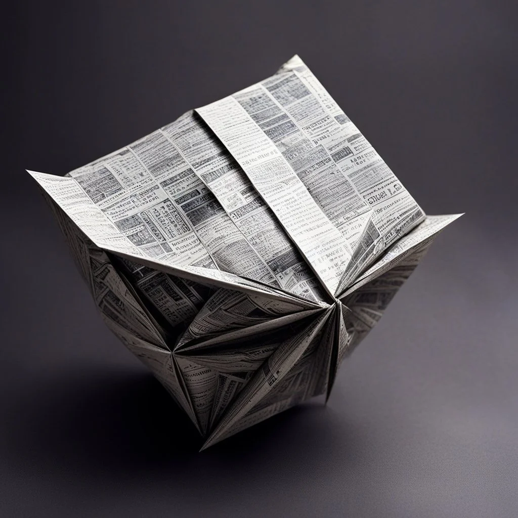 [in outer space with celestial objects by Rogelio Bernal Andreo] Creating an origami satellite made of newspapers? Now that's a challenge. Imagine folding the newspaper pages with precision, forming intricate creases to mold the shape of a satellite floating in space. The black and white print of the newspaper adds a unique texture to the origami creation, giving it a rustic and artistic look. The satellite's solar panels delicately crafted from news headlines, its antennas made from classified