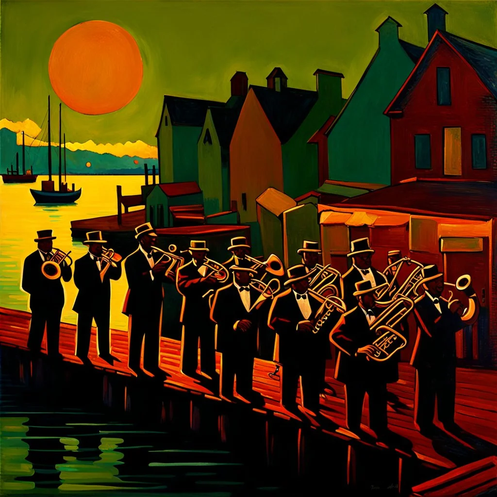 Vivid color oil painting of a brass band standing on the pier in front of a small fishing harbor, orchestra, jazz club 1 9 3 0 seconds, band playing instruments, musician, musicians, band, musicians playing instruments, the last orchestra, conductor, by Aaron Douglas , Jazz Quintet, by Carey Morris, band player, concert, by Baron Storey, entertainer, by Jasper Knudsen, silhouettes