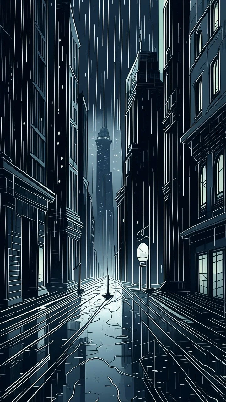 An atmospheric, noir-style illustration of a rainy cityscape at night, featuring glowing streetlights reflecting off the wet pavement, towering Art Deco skyscrapers, and a statue evoking a sense of intrigue and timelessness.thin line draw
