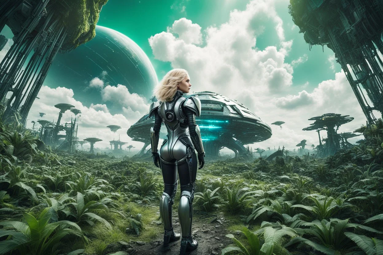 Wide angle photo of a sci-fi woman with blond hair, silver and black futuristic spacesuit looking android-like, standing on an derelict alien jungle planet with cloud trees in multiple green hues