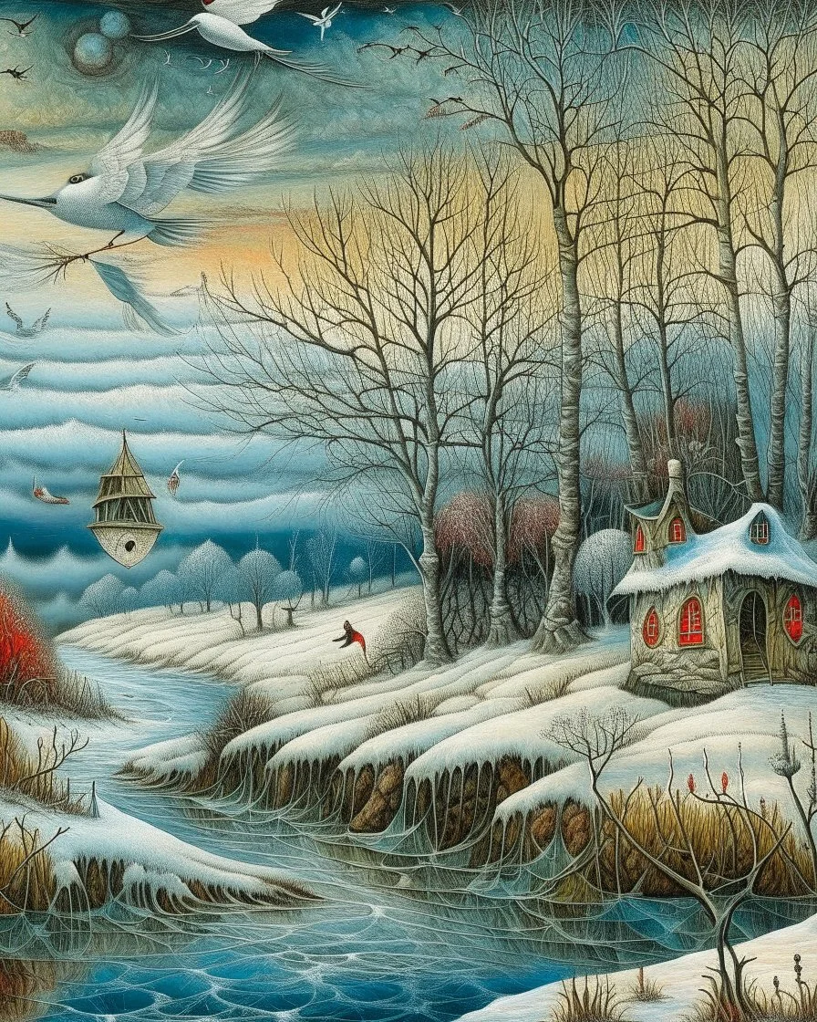 Richly textured Hieronymus Bosch, Catrin Welz-Stein, William Turner, Zdzisław Beksiński, Jacek Yerka oil on canvas zentangle line art style mix, surreal frosted fantasyland winter oceanscape, hoarfrost on trees, high grasses, snow and cottages, withered flowers, pale sunrise; paint splatter, beautiful vibrant colors, reflections, SK, flying seagulls, dramatic clouds, snowfall.