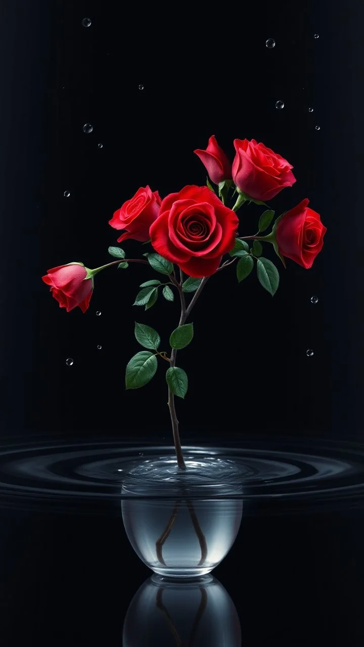 The image is a digital artwork that depicts a branch of red roses tangling in to a water in vase with aThe rose floats on the surfaces of the water, creating a wave-like effect. The background is black, which makes a branch of a tree of red roses stand out even more. Water droplets are scattered adding to the dreamy, ethereal quality of the image. The a