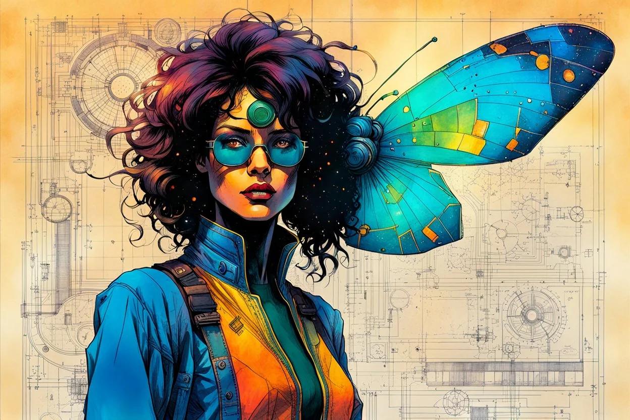 Hand drawn technical,full body portrait illustration , with detailed blueprints and engineering schematics of a walking Madagascan sunset moth insect girl, in the comic book art style of BILL SIENKIEWICZ and JEAN GIRAUD MOEBIUS, with highly detailed facial features, drawings, and technical notation, 8k, vibrant natural colors