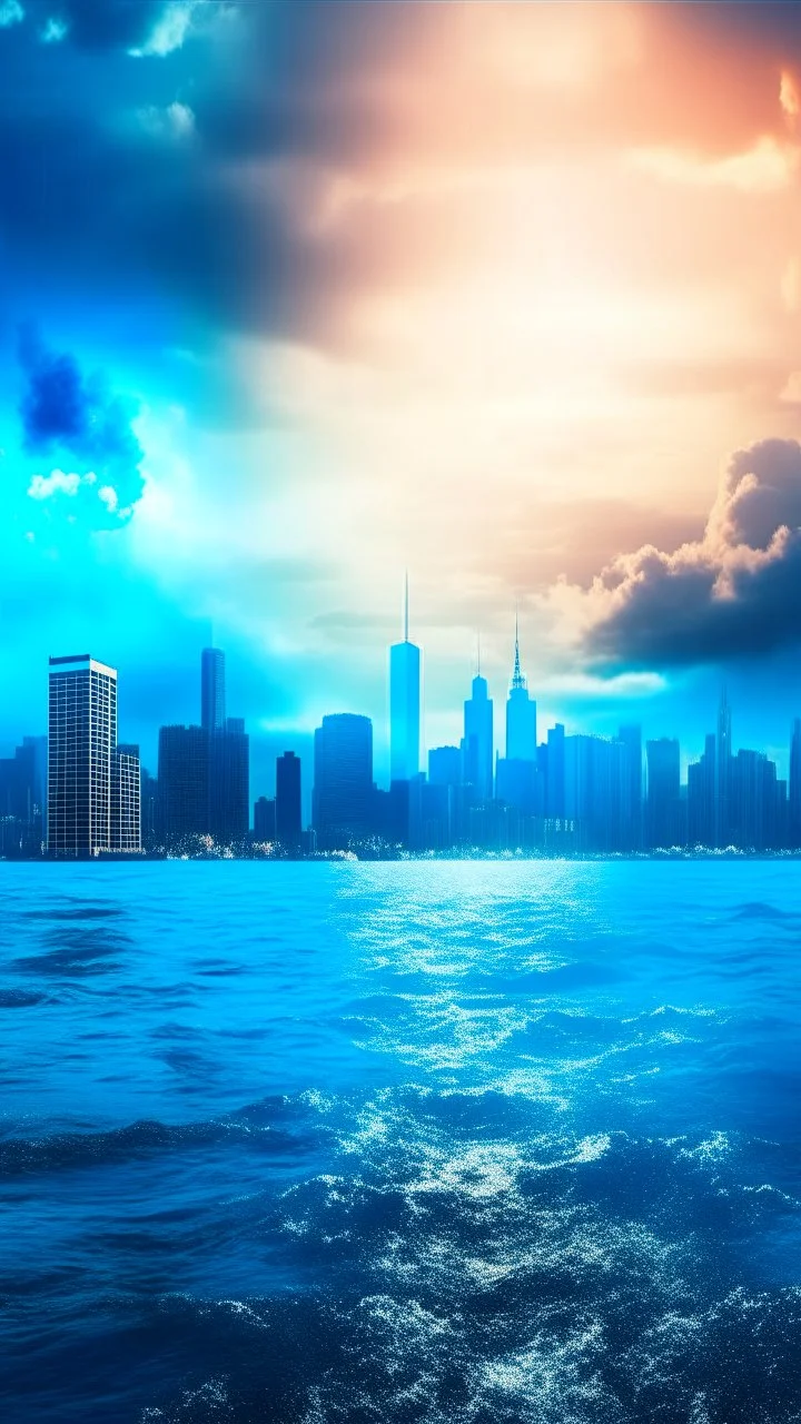 Fantasy world experiencing flood of a big city half covered with water and The sky is clouded with smoke