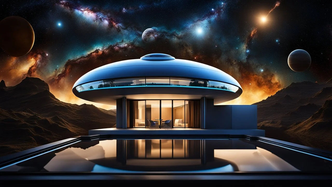 flotaing in big space a photorealistic futuristic unique house, outer space in a star nebula, streamlined futuristic spaceship floating in front, nebula behind, stars, tiny planets in the distance, dark blue deep space Professional photography, bokeh, natural lighting, canon lens, shot on dslr 64 megapixels sharp focus, stunnig, cinematic