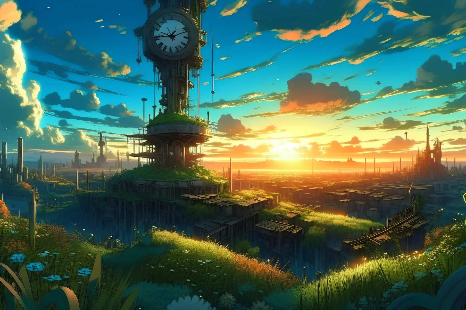 overhead shot, scify city, steampunk, evening time , sun set, plants, grasses, blue sky, dynamic white clouds, magnificent, vibrant, hdr, 4k, 8k, anime vector art, low angle shot, aesthetic, Mysterious sketch