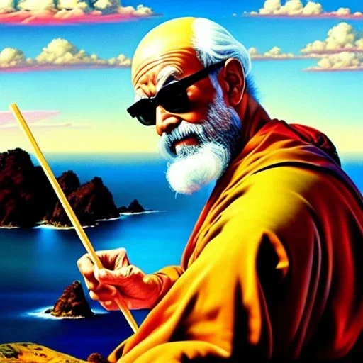 Drawing of 'Master Roshi',painting by Earl Norem, simon Bisley,frazetta,Howard,西嘛哒, evan lee, Vallejo,kelly oil on canvas, cinematic composition, extreme detail,fit full body inside picture,8k