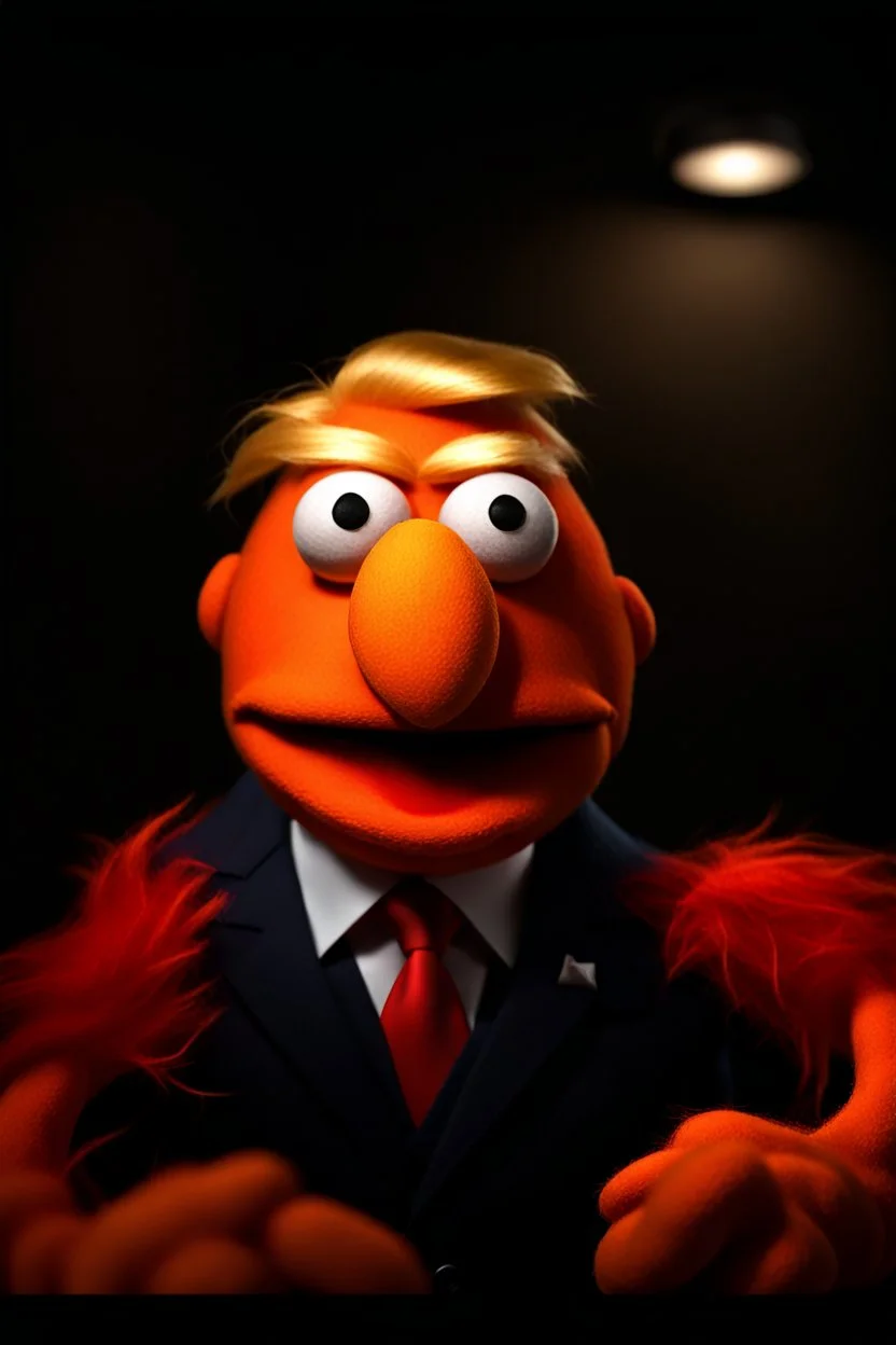 Waist up Angry muppet Portrait of Accurately representing Orange Donald J Trump as muppet doll made of felt, president, photo studio, black background, unreal engine 5, concept art, art station, ray tracing, lumen lighting, ultra detail, volumetric lighting, 3d.