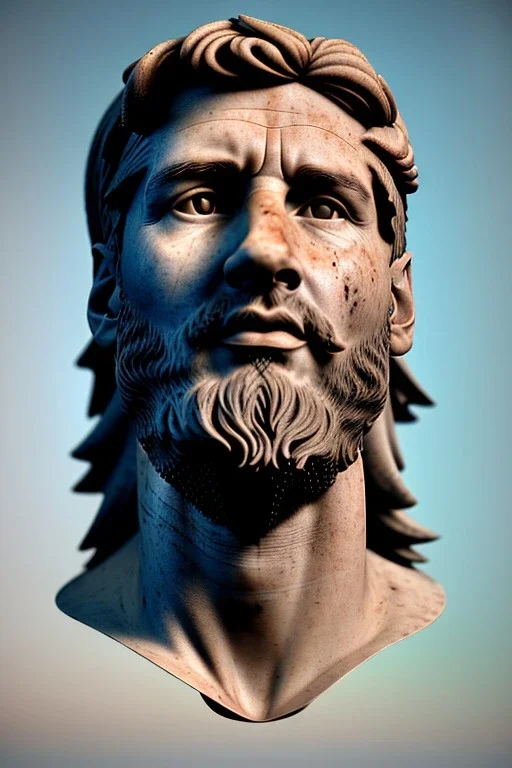 Ultra Realistic image, roman sculpture, Calacatta marble material, Lionel Messi, gold Laurel leaves crown, Renaissance style, miguel angel style, chisel style, emperor, waist up portrait, epic, celestial, cinematic lighting, God light, god rays, 4k resolution, smooth details, ornate details, soft lighting, unreal engine 5, sky background.