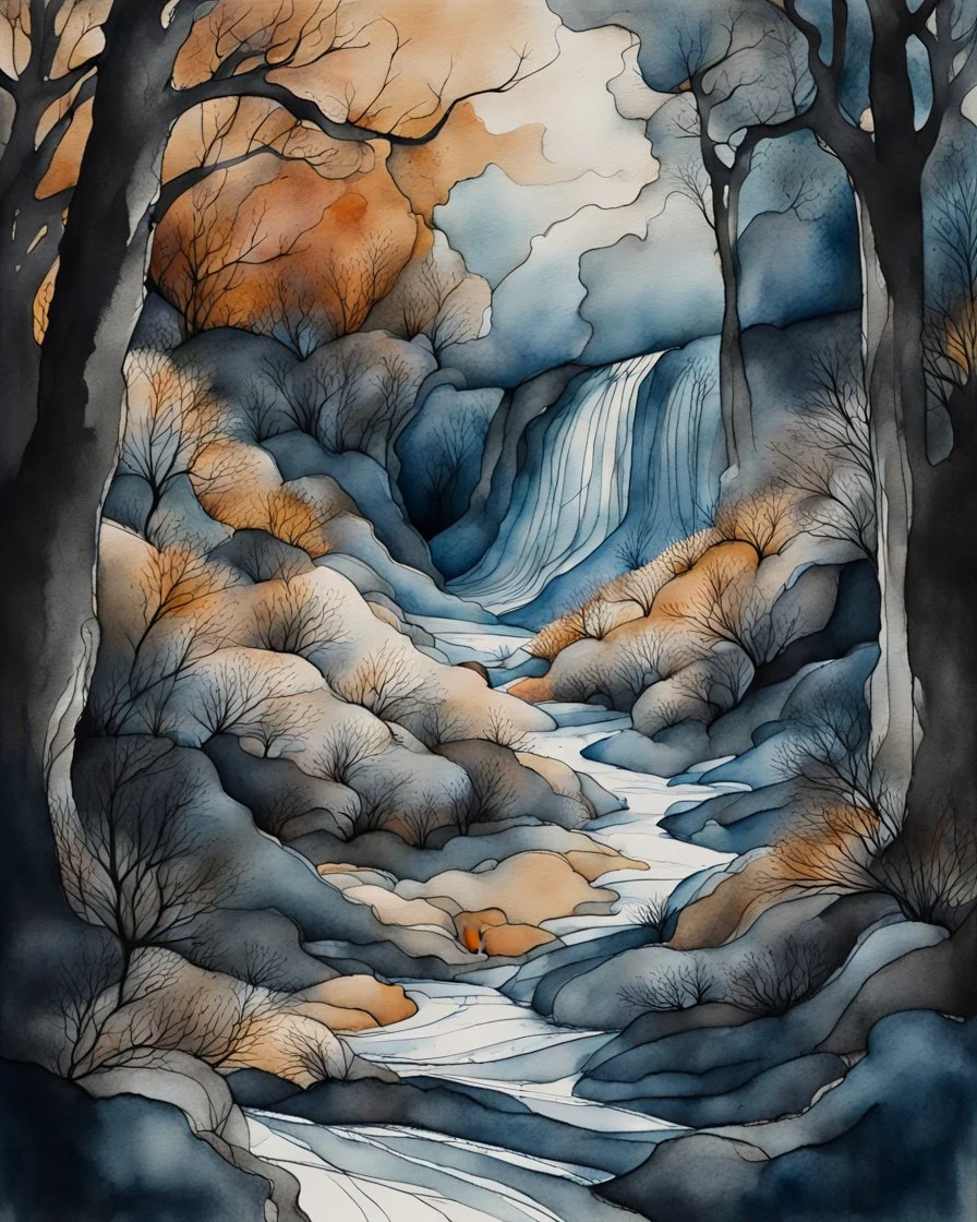 Perchance : Surreal, expressive nature sketch in a relaxed watercolor and ink style. Fast, shaky black ink contour lines with frequent breaks, intersections, and varying thickness. Watercolor washes of ochre, terracotta and powder blue are loosely applied, often deliberately misaligned with ink borders to create a sense of movement. Visible cold pressed paper texture and ample white space. Subject: forest detail, trees, undergrowth, stream with rocks, waterfall. Deep, atmospheric shadows in the