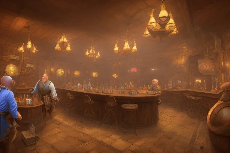 fantasy setting, a tavern, with a large dining room and a bar on one side. At the bar, a larger, older man with no hair is standing, conversing with a dwarf sitting in a bar stool on the other side. A large fireplace is lit in the center of the room. In addition to that, there are a handful of guests scattered around the room…