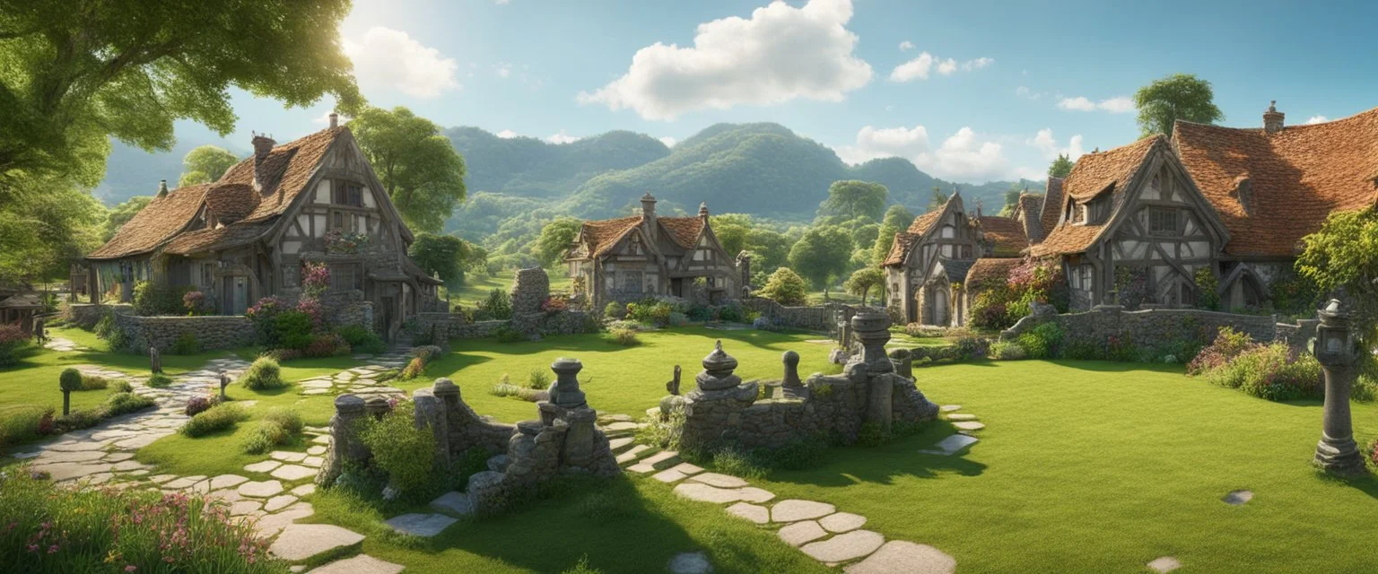 A photo of a quiet village green in a beautiful surreal outdoor countryside sunny scene, with distant hills & fields, many conjoining intricate characterful dwellings (designed by Esher) with many pathways & stairways, streams & waterfalls, a waterwheel : ultra high detail, photorealistic, epic cinematic, 8K, Large depth of field