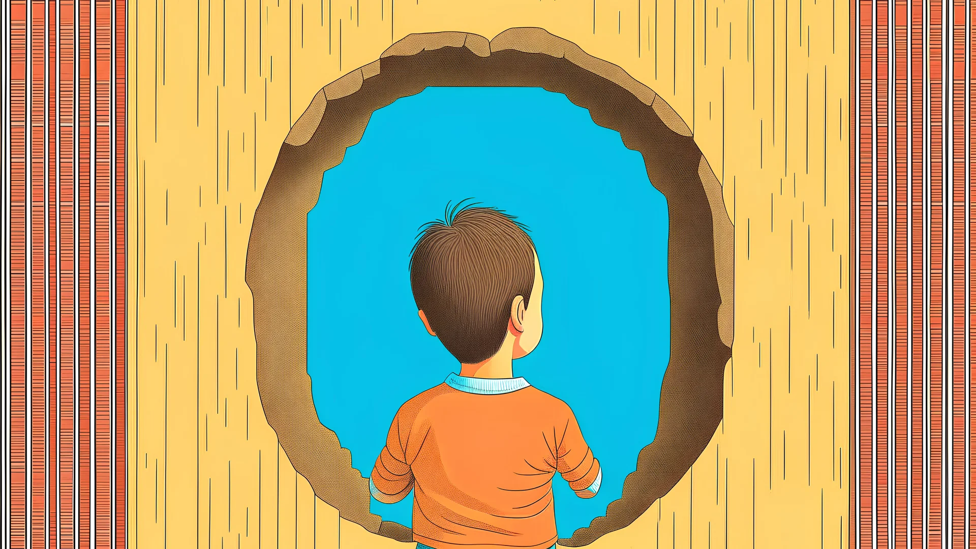 Ilustración de espaldas de un niño mirando a través de un pequeño hueco en una pared. Hay muy poca luz en la habitación.