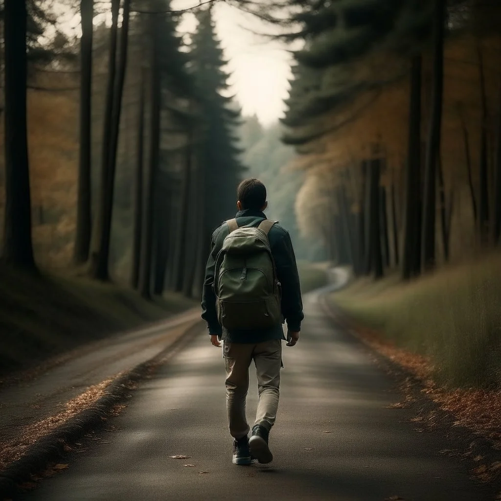 a lonely figure with a backpack, leaving a metropole, on a road, into a forest, photo quality