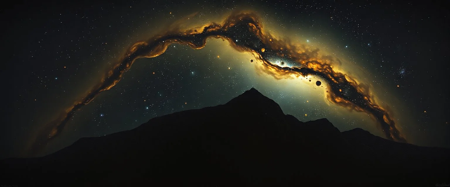 pin hole cam, master oil painting by Rembrandt, [Storyteller echoes:] "Swallowed by the night..." Is this the fate of all who dare to see— To lose themselves in vast infinity? Then let me be the Fool upon the stage And write my lines upon this cosmic page!