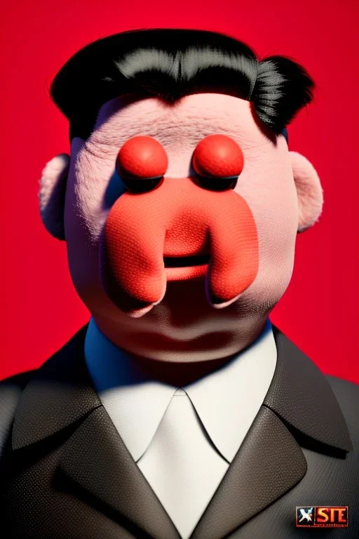 Waist up muppet Portrait, Kim Jong-un muppet doll, black suit, photo studio, red background, unreal engine 5, concept art, art station, god lights, ray tracing, RTX, lumen lighting, ultra detail, volumetric lighting, 3d.