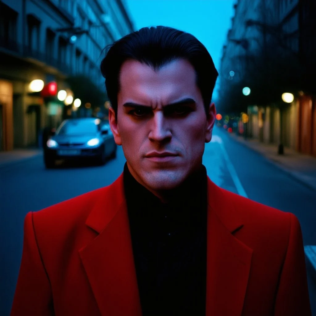 very grainy discolored photo, an extreme close up shot of the face, shot on a shitty camera, empty night street, grunge, 2000s Russia, man in a nice red suit, extremely gaunt, haughty, perfect looking, striking features, face of a vampire, inhuman