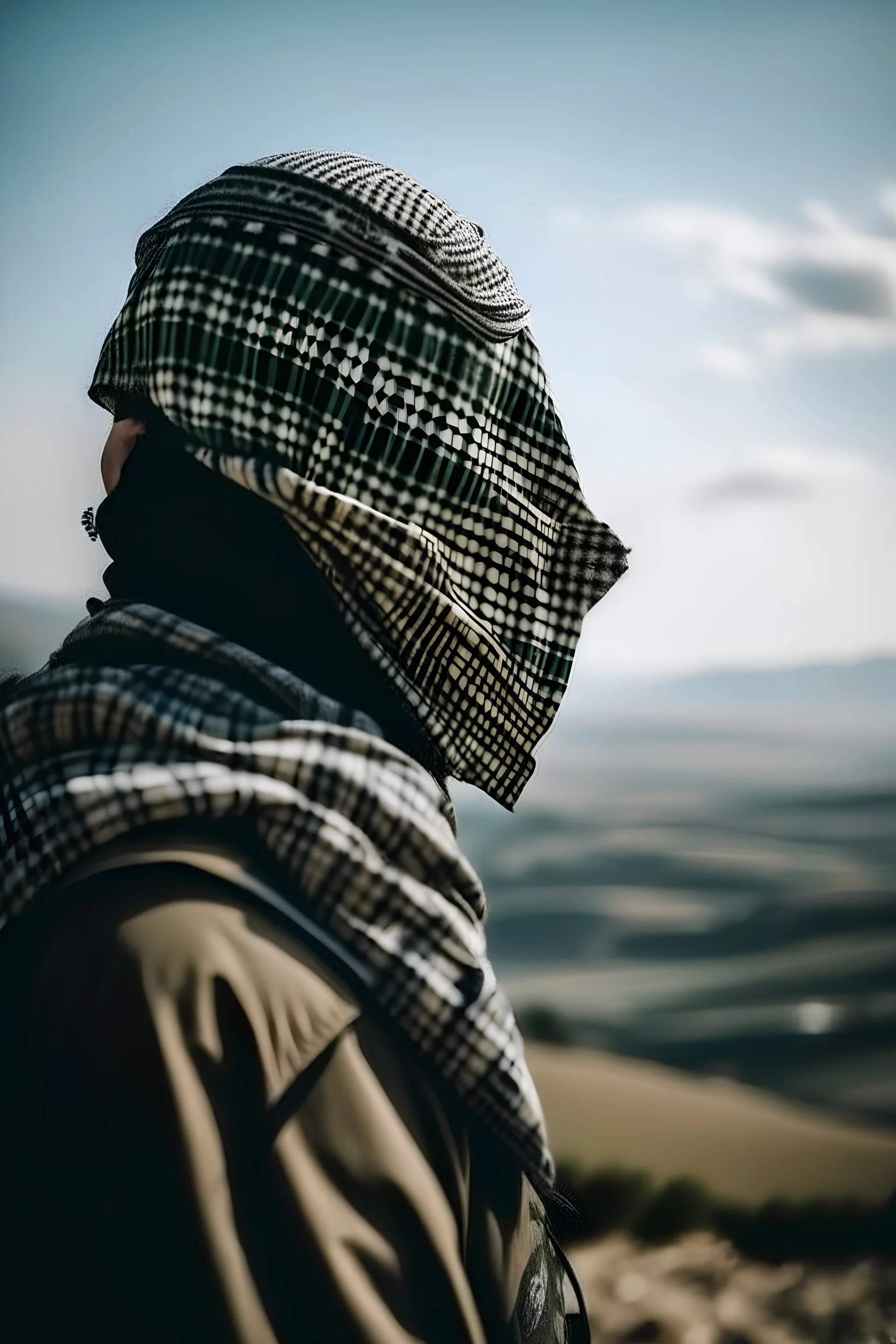 A man masked with a Palestinian keffiyeh wearing military uniform looks at the horizon