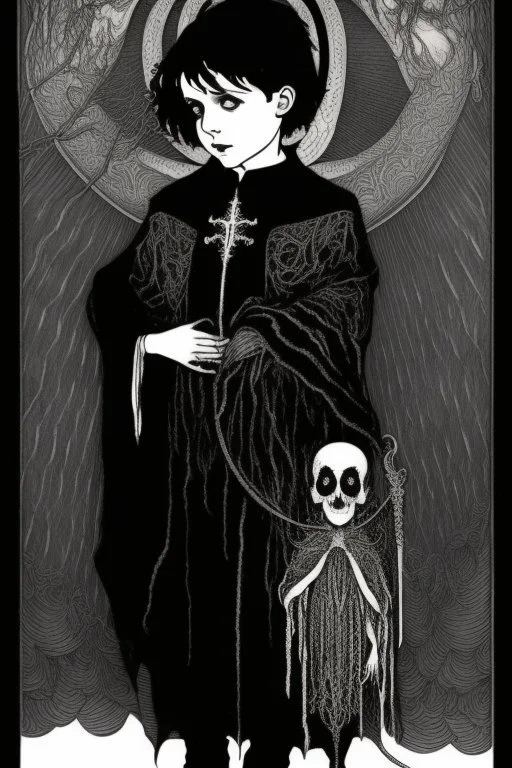 7 year old boy, necromancer, friendly, looks dead,with a long lamprey emerging from his belly , wearing black robes, in the style of Harry Clarke