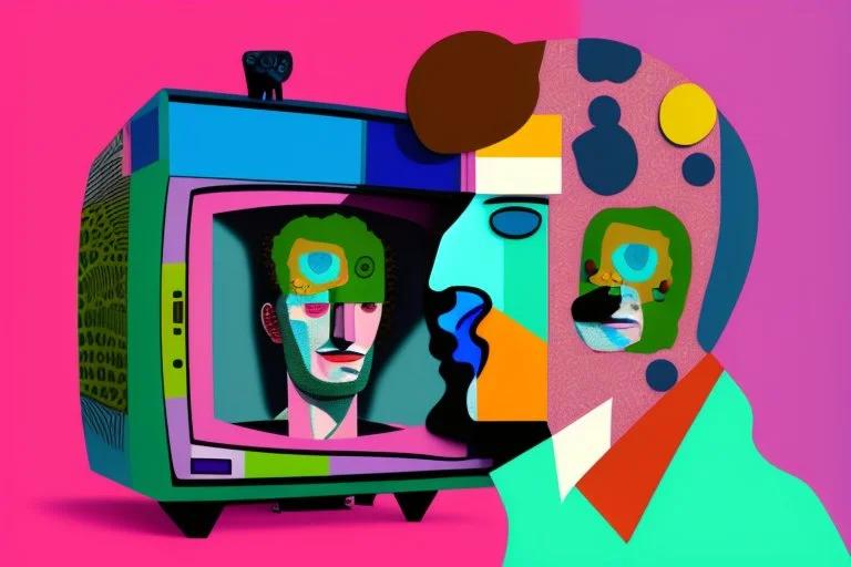 man with head inside a tv in the style of Eileen Agar