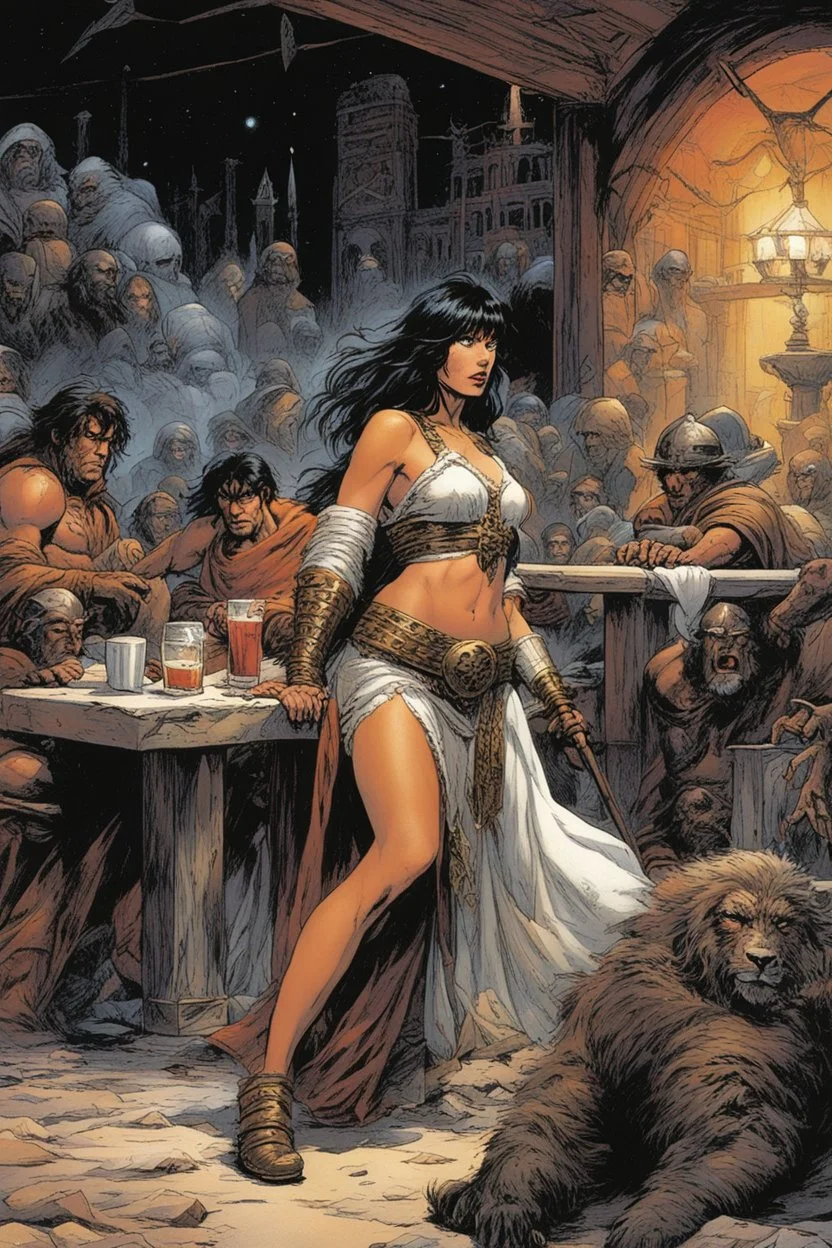 Ernie Chan Savage Sword of Conan #22: In a bustling café, the Wounded Gallic Warrior and the woman resembling the Sleeping Hermaphrodite find solace amidst the chaos of the modern world. His tattered armor and fur-lined cloak clash with the contemporary setting, drawing curious glances. Her flowing garments blend seamlessly with both ancient and modern realms. Their eyes meet, conveying determination and empathy. The warrior confesses his struggle with the unfamiliar surroundings, seeking guidan