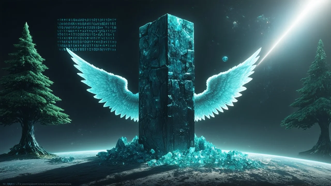 few tiberium monolith deposits on the planet with a space trees on the left and right side, matrix codes and the back ground of the angels with wings siting monolith made of tiberium crystals