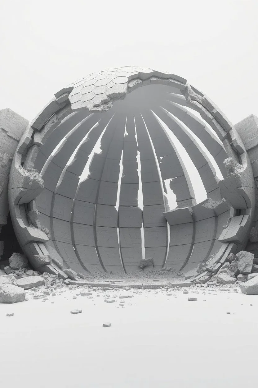 Collapsed shell — dome that partially sinks according to a weakening algorithm; deformed panels; open joints; gray-opaque atmosphere; data-generated sense of ruin.