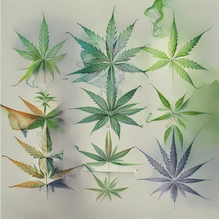 Generate an asymmetrical arrangement of weed joints, each placed in different quadrants of the canvas, with subtle variations in size and orientation. watercolour sketch