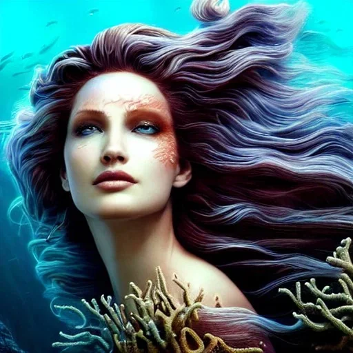 high-quality, fine-detail close-up portrait of gorgeous, stunning goddess of the ocean with turbulent waves as hair and coral reef exoskeleton, 8k resolution, 3D octane render, intricate, digital art, detailed matte, volumetric lighting, George Grie, Anne Dittman, Anne Stokes, Lisa Parker, Selina French,