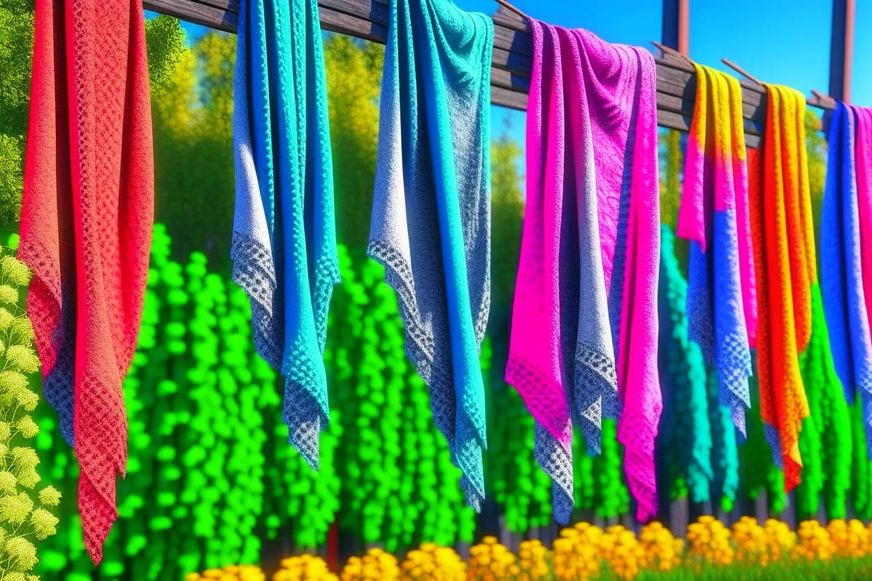 Beautiful lace pants of different colours drying on a clothesline in a flower garden, centre, bold colours elegant fantasy 8k beautiful dynamic lighting award winning imperial colors hyperrealistic ultra detailed 4K 3D high definition crisp quality colourful hdr, backlit, in sunshine