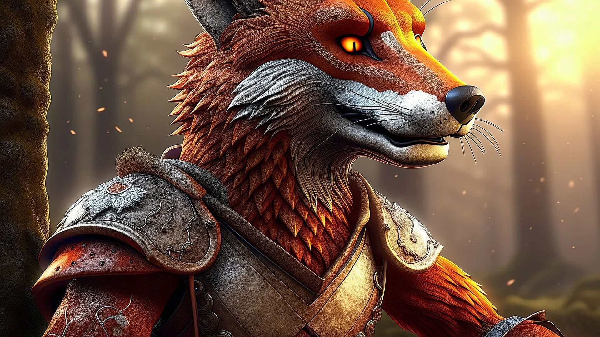 fox man, wood, fine rendering, high detail, 8K, man, tattoos, high resolution, magical ambience