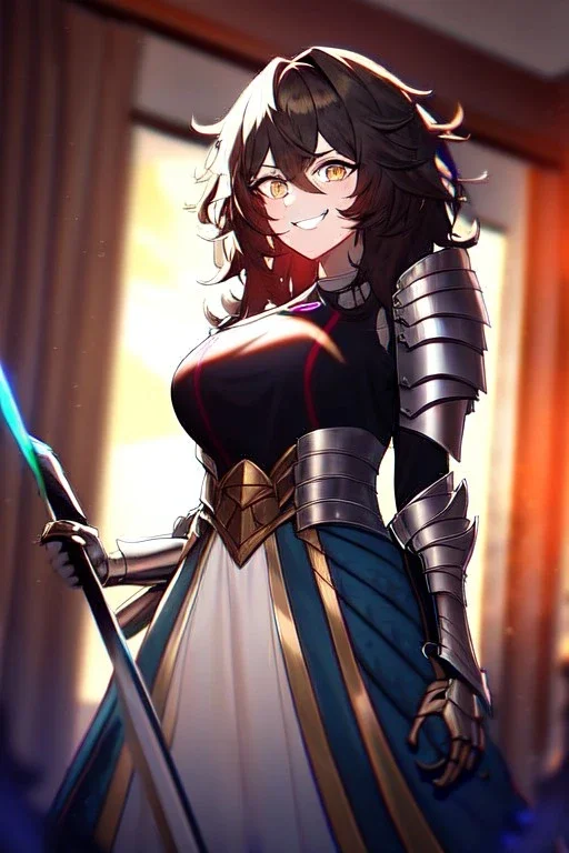 girl, masterpiece, best quality, cinematic lighting, detailed outfit, vibrant colors, perfect eyes, messy hair, hair between eyes, indoors, depth of field, ray tracing, armored dress, angry, smile,