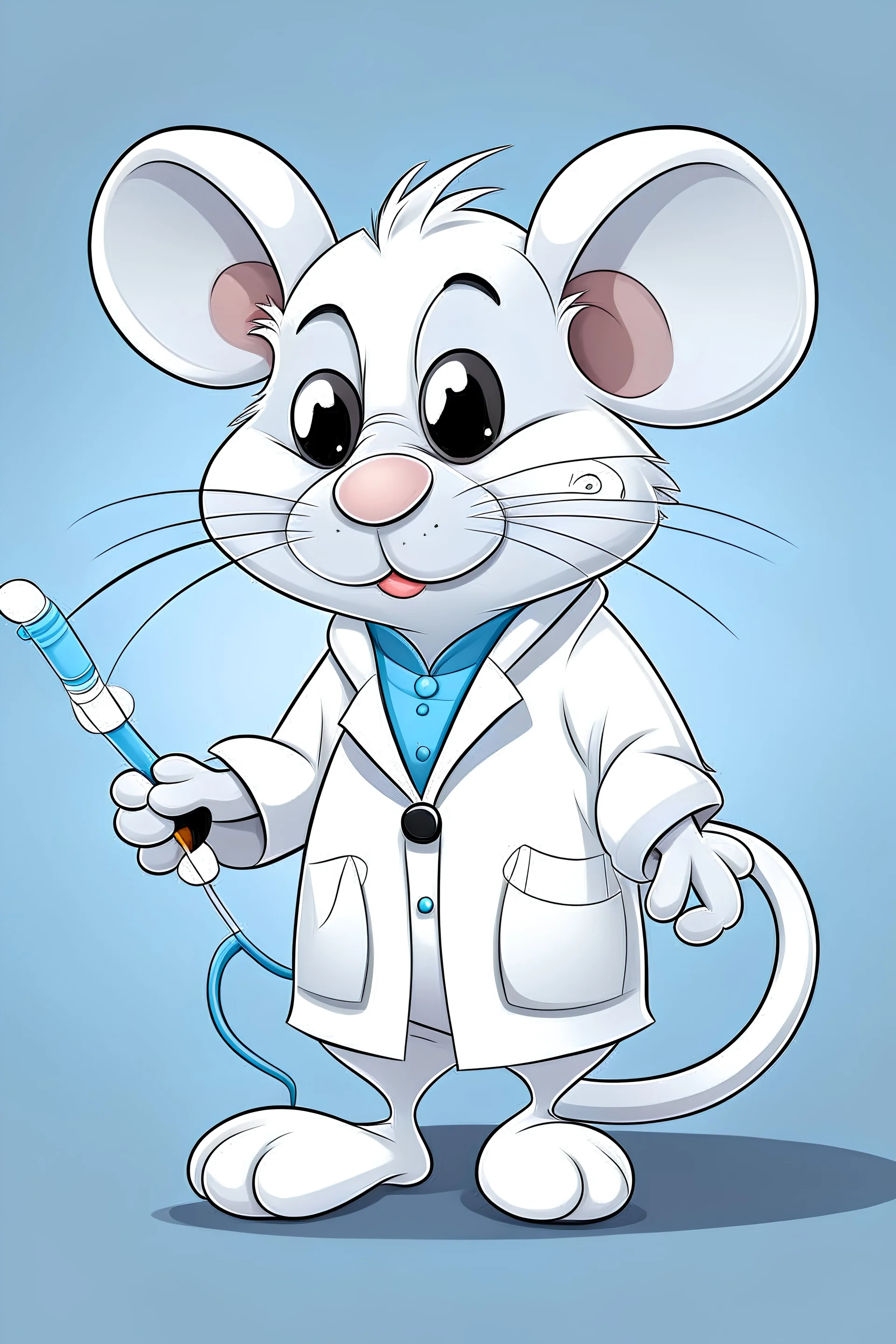 mouse cartoon with a labcoat on him and with an automatic pipette in his left paw