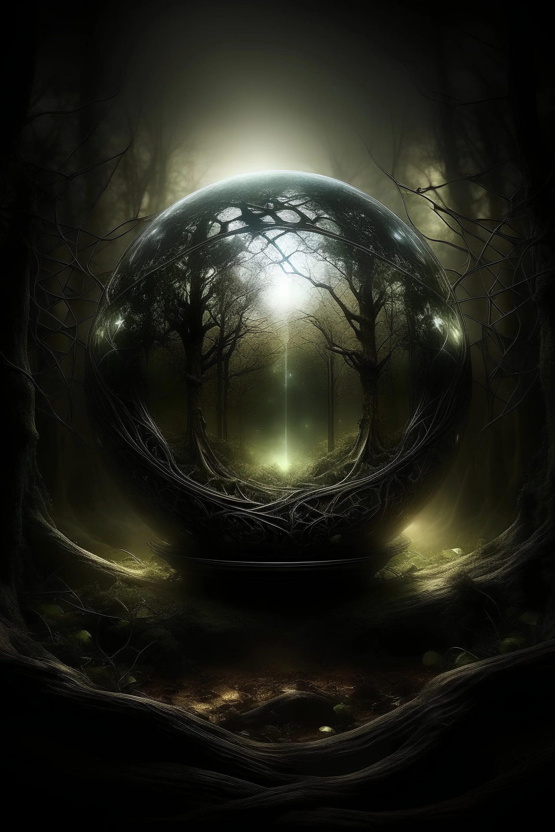 orb of light, magic, dark forest, many details