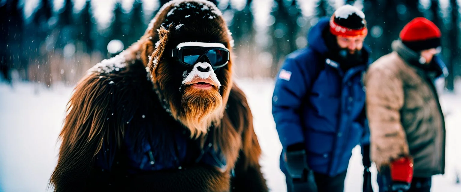 close up documentary photography, Yeti, Bigfoot, Dystopian, Japanese, Extreme depth of field, bokeh blur, winter, blizzard, Alberta, all-natural, in the style of candid, imperfection, natural lighting, Professional shot, shot on Agfa, Fuji Film, Anamorphic lens, 1980s, --ar 4:5 --w 150 --style raw