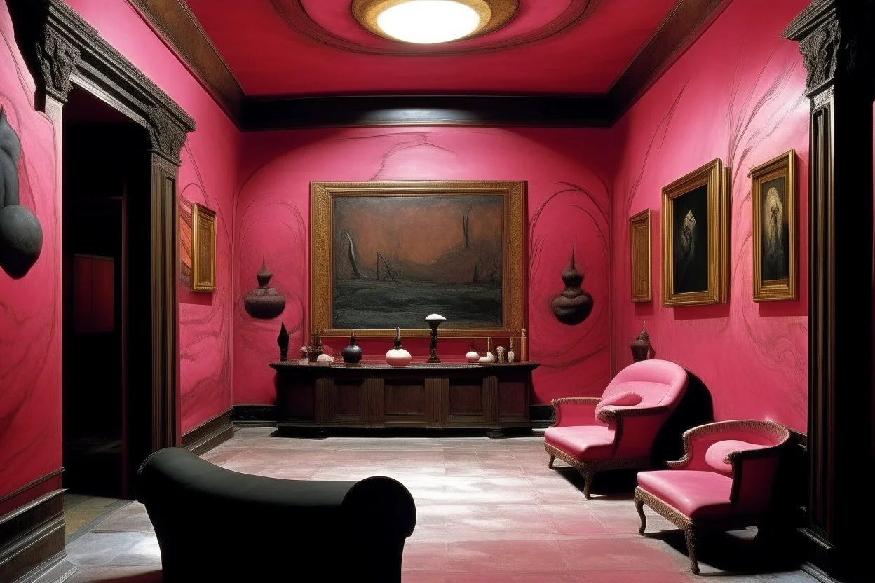 A blackish pink underground dragon palace designed in ancient Greek pottery painted by Mark Rothko