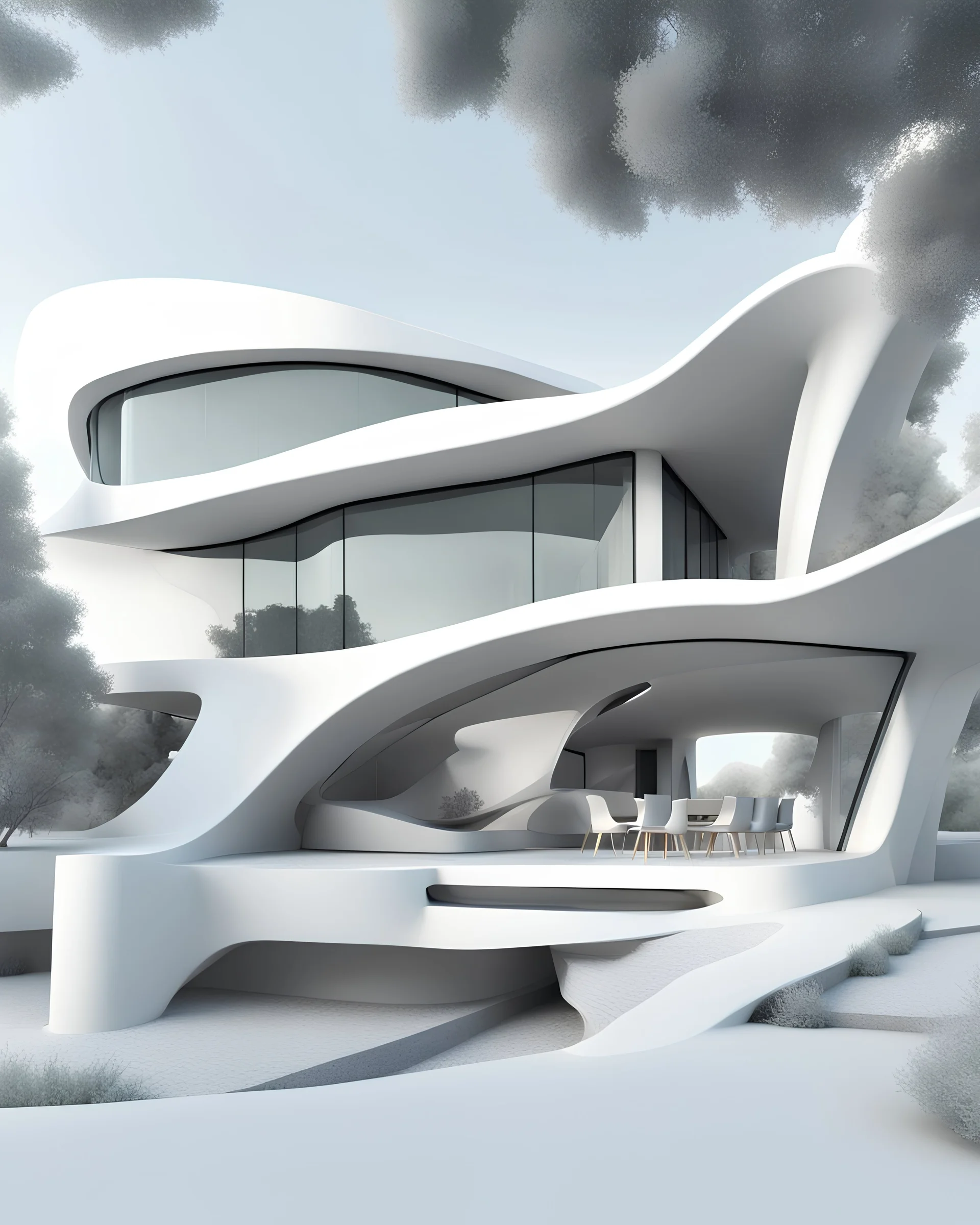 Casa campestre, estilo Zaha Hadid, perspectiva, impactante, calidad ultra, hiperdetallada, 8k,