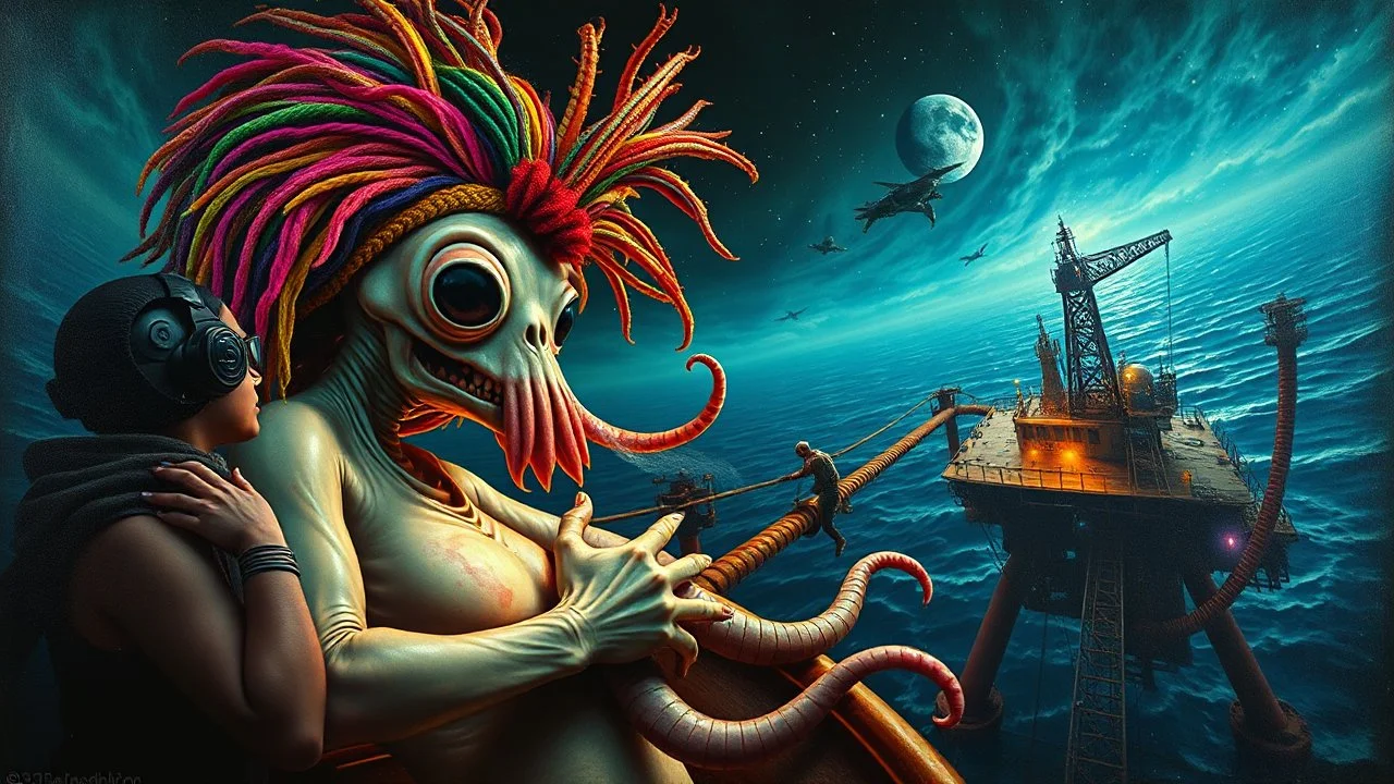master oil painting by Rembrandt, roller coaster hypno psycho alien squid with rasta wig breast feeding with some bad ass power off shore oil platform cyber punk people experiencing gravity at its worst, pin hole cam, twisted perspective, goa trance music poster, awake within a dream