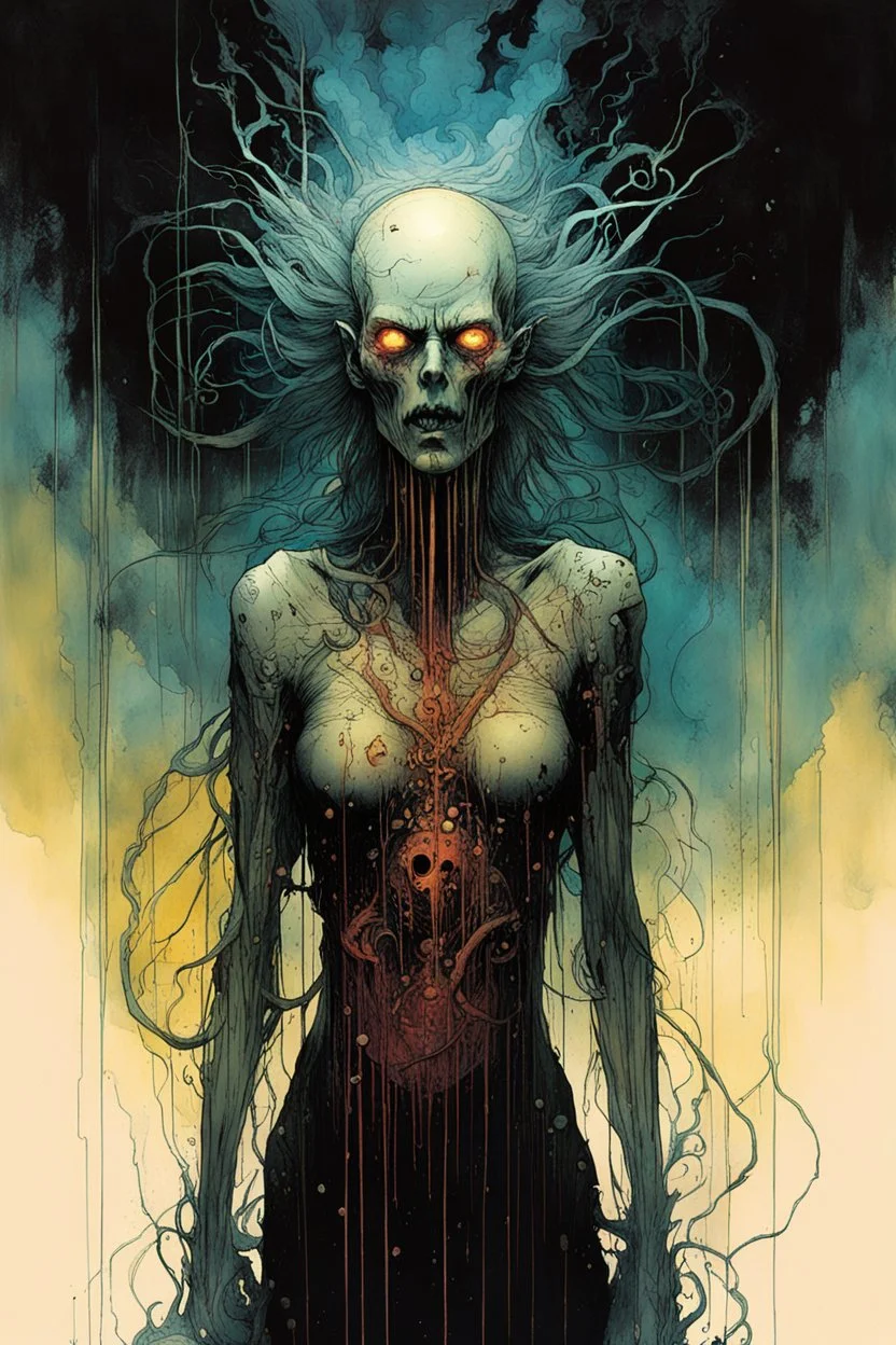 a surreal full body portrait of the inner workings of her disturbed mind as a nightmarish charnel house of screaming pain , in the comic book style of , Bill Sienkiewicz, , Alex Pardee , and Jean Giraud Moebius, muted natural color, sharp focus, ethereal , dark and foreboding