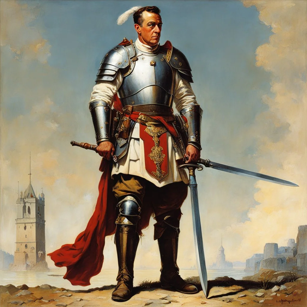 [art by Norman Rockwell] Clad in armor that bore the marks of countless battles, Roupinho stood tall and proud, his sword gleaming in the sunlight as if it were an extension of his very being. Forged by skilled artisans and imbued with the essence of his noble lineage, the sword was not just a weapon but a symbol of his duty and honor. Every day, Roupinho would seek solace and guidance in the presence of the Black Madonna. With reverent steps, he would ascend the worn stone steps leading to the