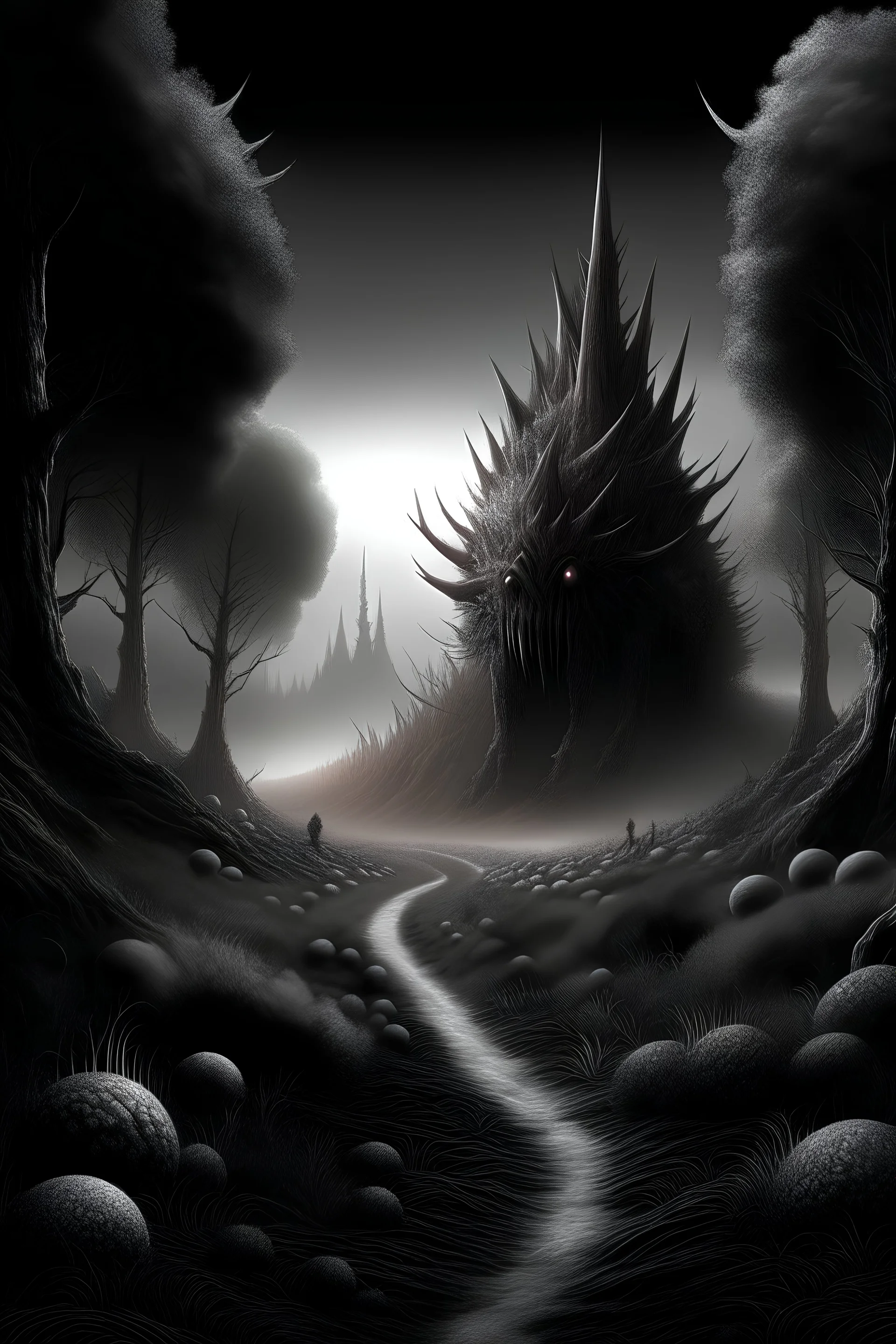 dark fantasy, road to gothic city, spiky growth forest, little beast, black and white