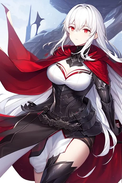 Vampire knight, long white hair, black full plate armor, red cape, cyan eyes