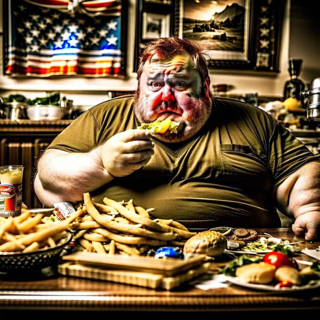 patriotic repulican fat american eating fries in his messy kitchen