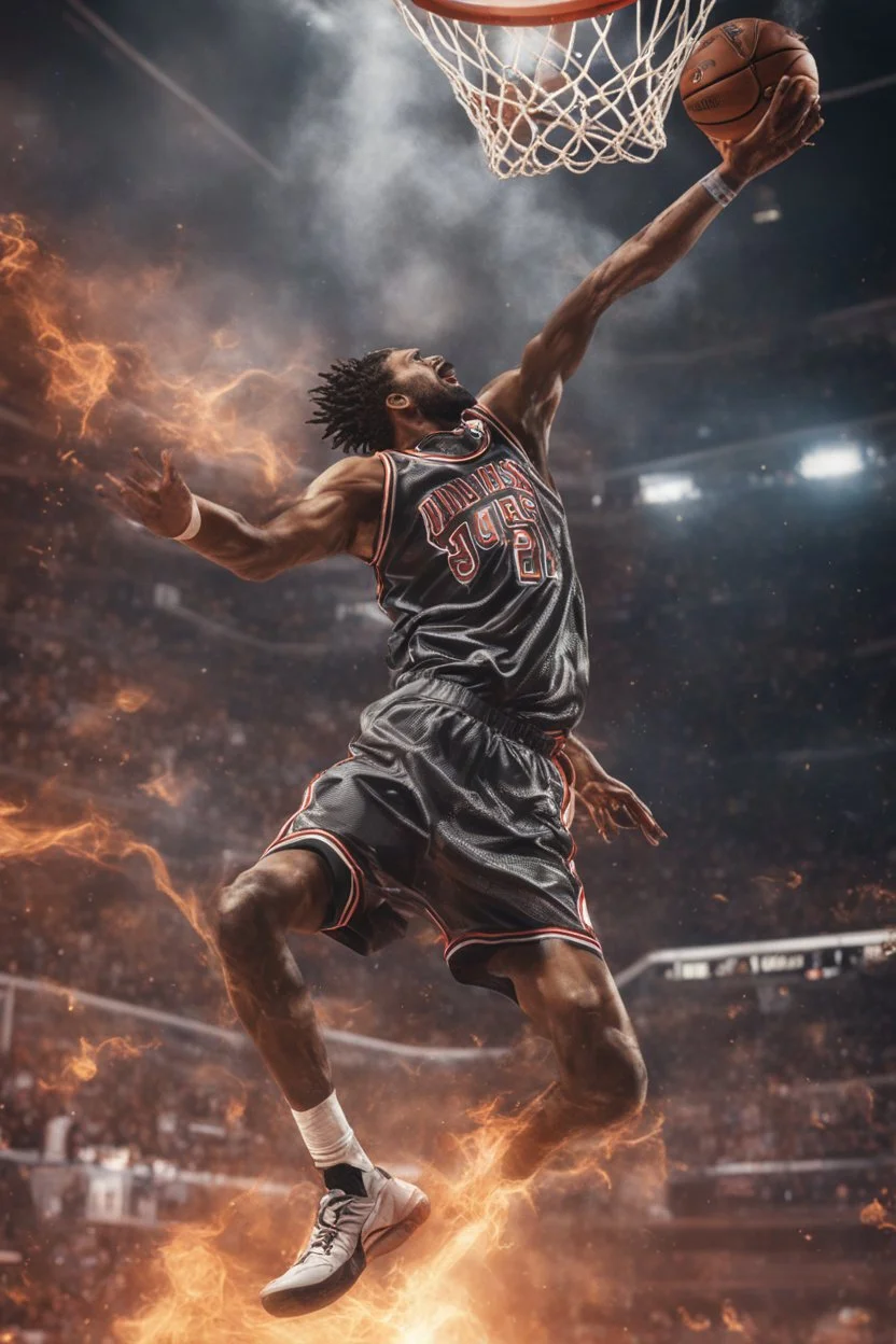 8k, highly realistic and detailed image of a NBA basketball player in action dunking the ball in the net, sweaty hair, screaming look,action and smoke and flames background