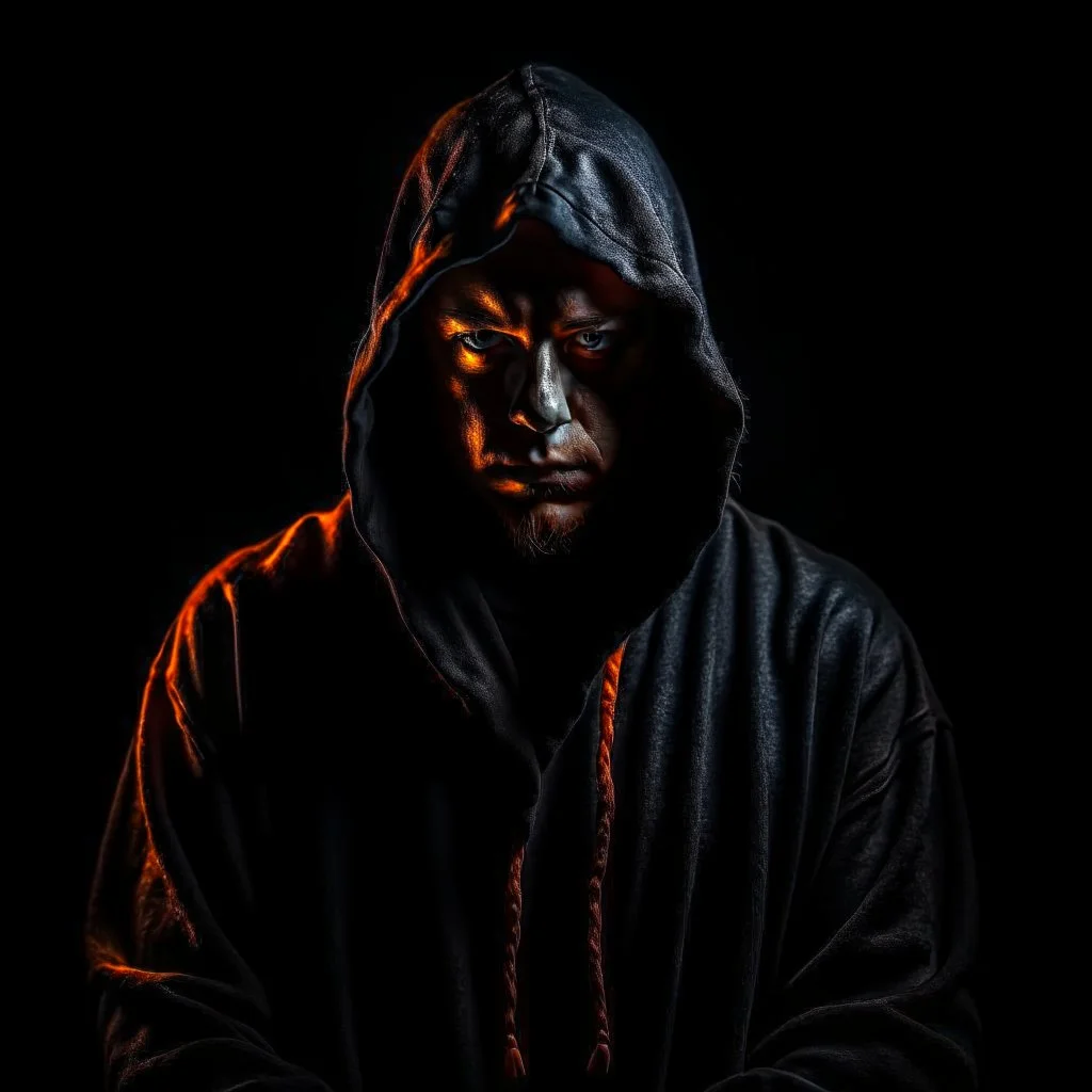 Monk in black hoodie in the dark | Gallery