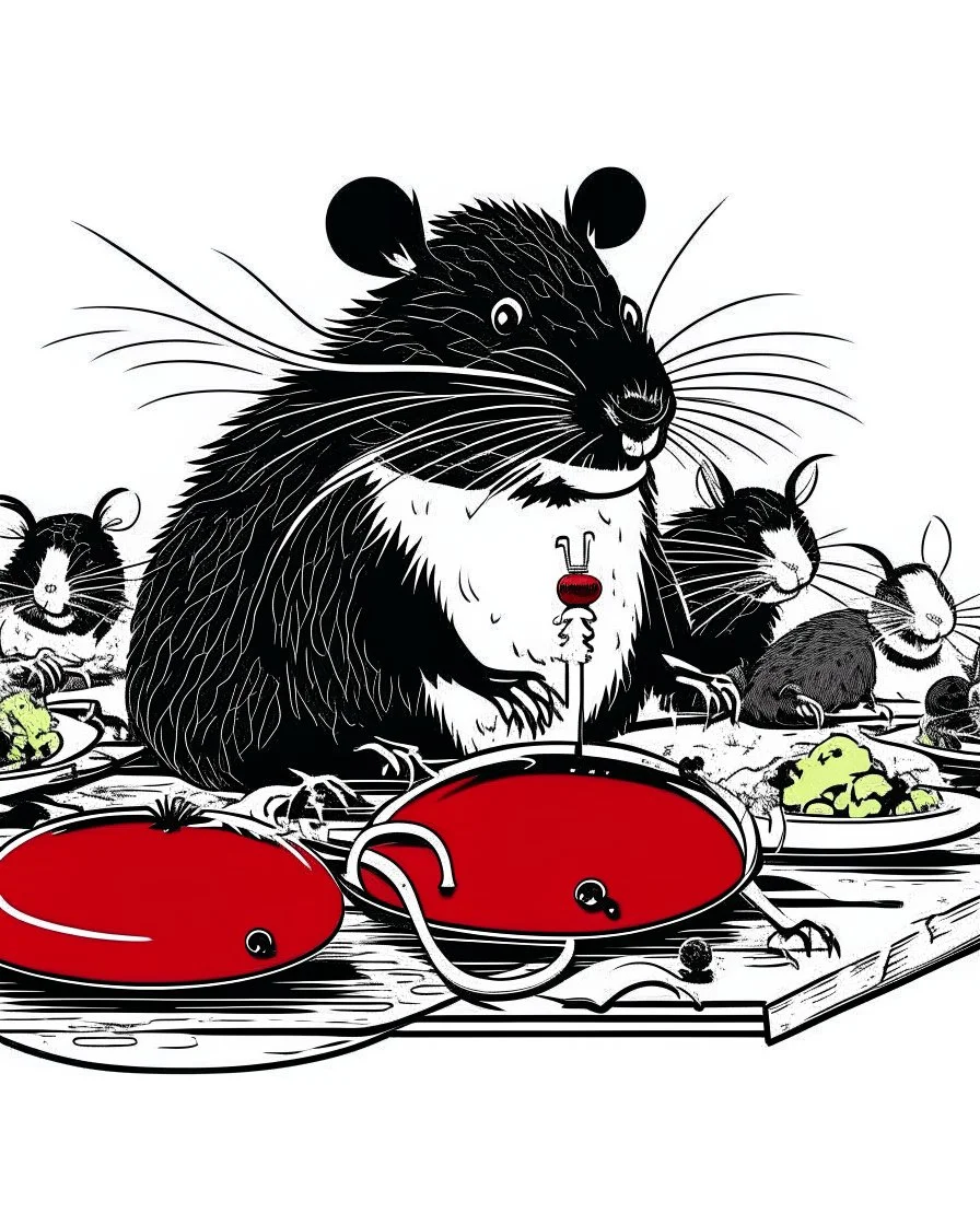 Vector illustration of a (((large rat sitting))) at a banquet table, eating a (((large cheese))), sitting at the same table, (((other rats watching the large rat eat))). White, red and black colors